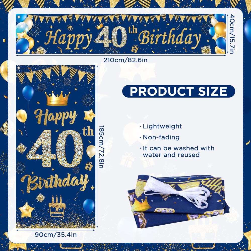 Blue 40th Birthday Decorations for Men Women, Navy Blue Gold Happy 40th Birthday Banner and 40th Birthday Door Banner for 40 Years Old Men Women Anniversary Birthday Party Supplies Porch Sign Decor - Image 2