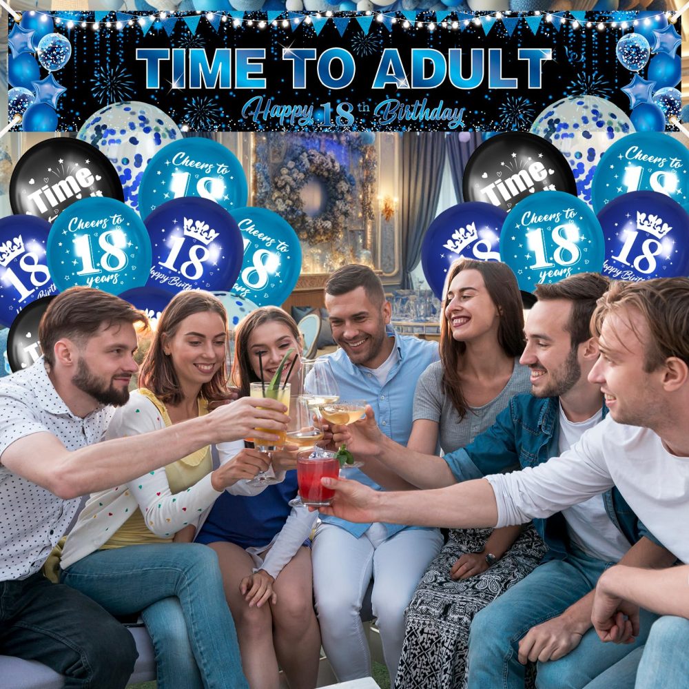 18th Birthday Party Decorations for Boys Girls Blue Black Time To Adult Happy 18th Birthday Banner and 20pcs Happy 18th Birthday Balloons Blue Black 18th Birthday Yard Sign Party Supplies - Image 3