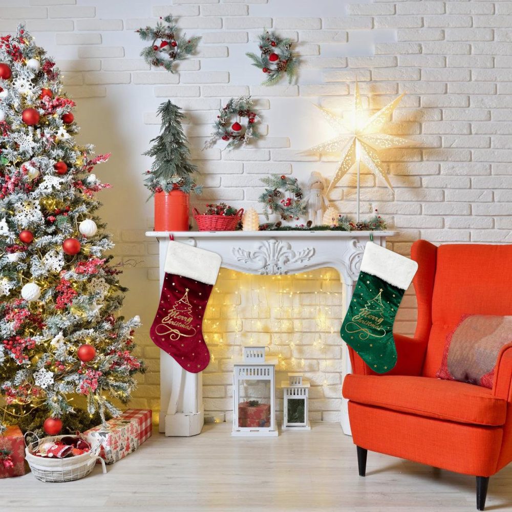 Christmas Stocking Set,Velvet Christmas Stockings,Red Green Velvet Stocking,Embroidered Patterned Large Xmas Stockings,Hanging Stockings Ornamemts for Family Christmas Holiday Party Decorations - Image 4