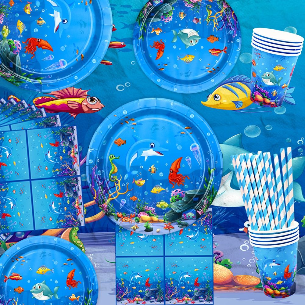 188 Pack Under the Sea Party Supplies Ocean Sea Party Tableware Set - Plates Cups Napkins Tablecloth Banner Balloons Cake Toppers for Underwater World Summer Beach Birthday Party Decorations Serves 20 - Image 6