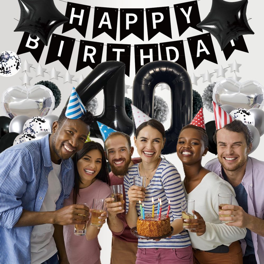Afritee 40th Birthday Balloon Decorations - Black and Silver Happy Birthday Balloons for Men Women Happy 40th Birthday Banner Large 40" 40 Foil Balloons Cool 40th Birthday Balloons Set Supplies - Image 2