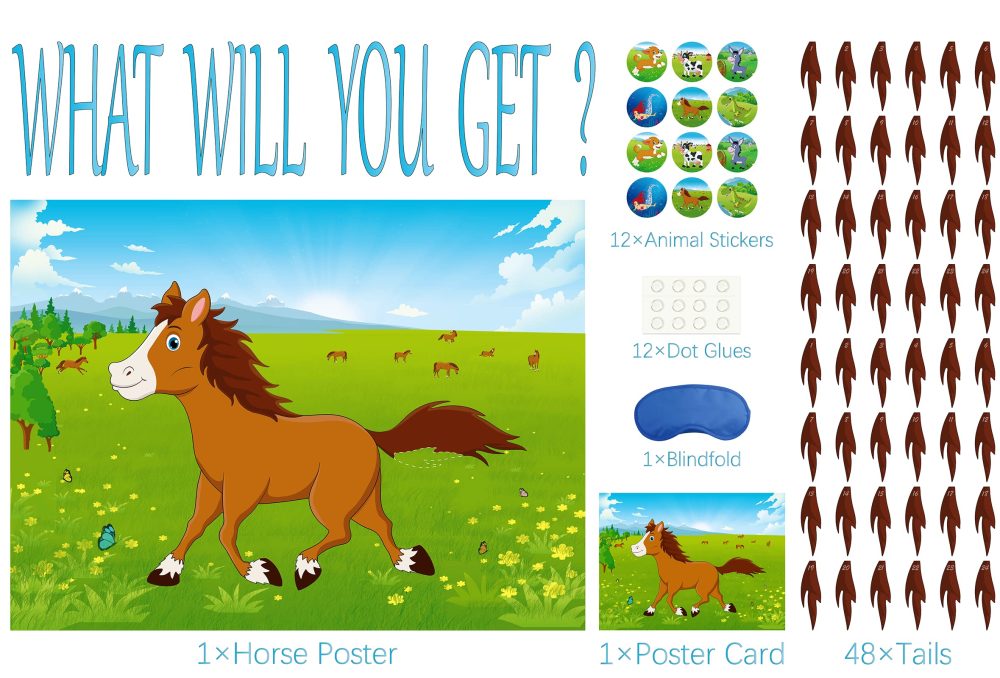 Morcheiong Pin The Tail on The Horse Birthday Game with 48 Tails for Kids Farm Birthday Party Supplies Decorations Favors - Image 6