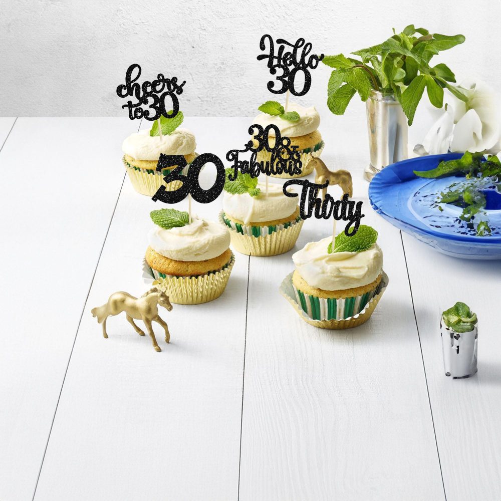 30Pcs Happy 30th Birthday Cupcake Toppers Black Glitter Thirty Cheers to 30 Birthday Cupcake Picks for Happy 30th Birthday Anniversary Party Cake Decorations Supplies - Image 5