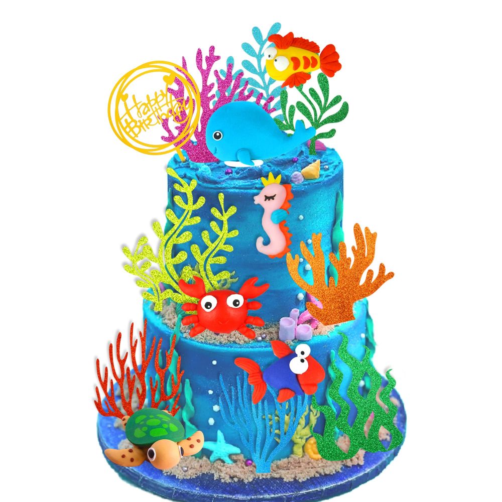 15 PCS Sea Ocean Theme Birthday Cake Decoration Toppers Fishing Cake Ocean Animals Sea Cake Decorations for Under the Sea Theme Baby Shower Birthday Party Supplies