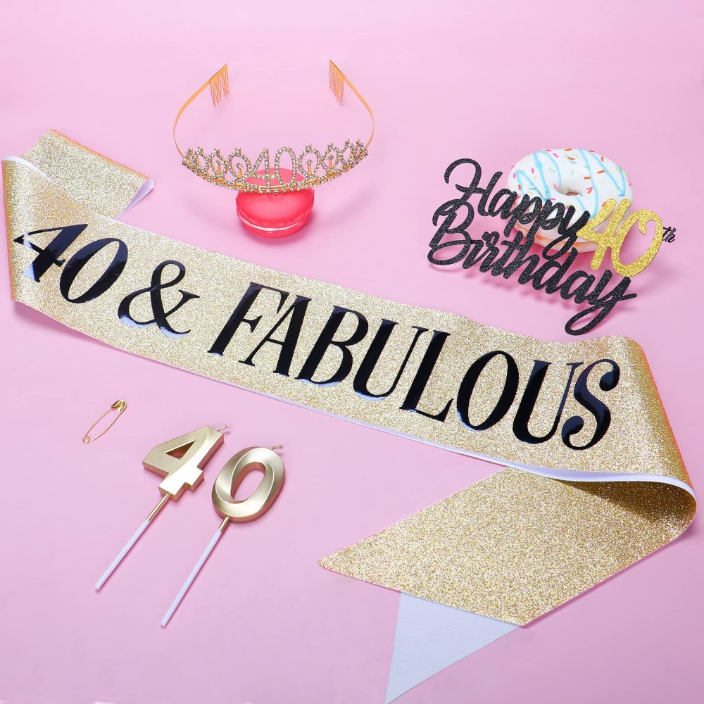 40th Birthday Sash and Tiara Crown Gold 40th Sash Rhinestone Tiara Crown 40th Birthday Number Candles Cake Toppers for Women 40th Birthday Gift Party Decorations Supplies - Image 3