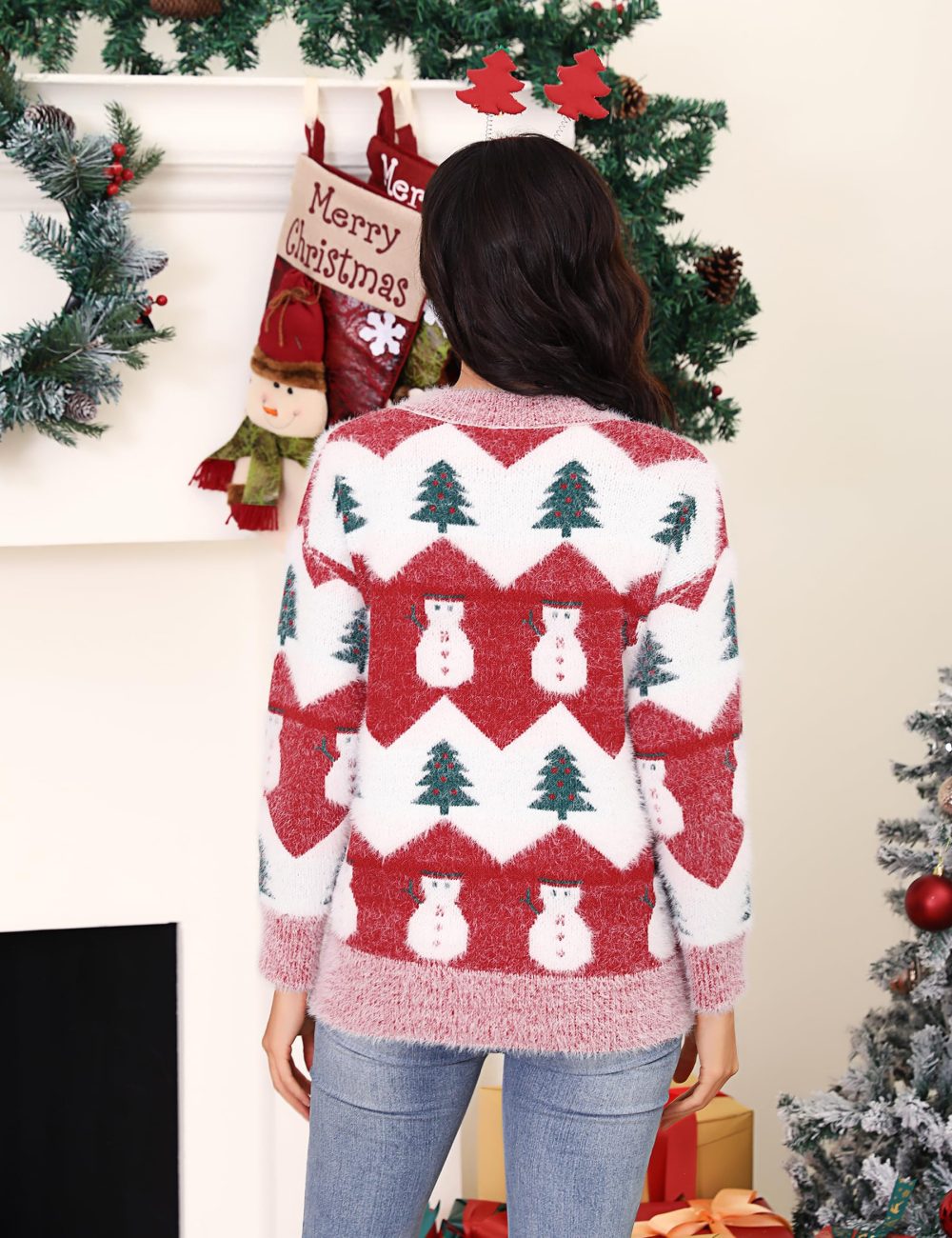 Marvmys Women Knit Sweater Jumper Long Sleeve Pullover Tops Knitwear Crew Neck Loose Warm Vintage Pullover Christmas Sweater Autumn Winter Red S - Image 6