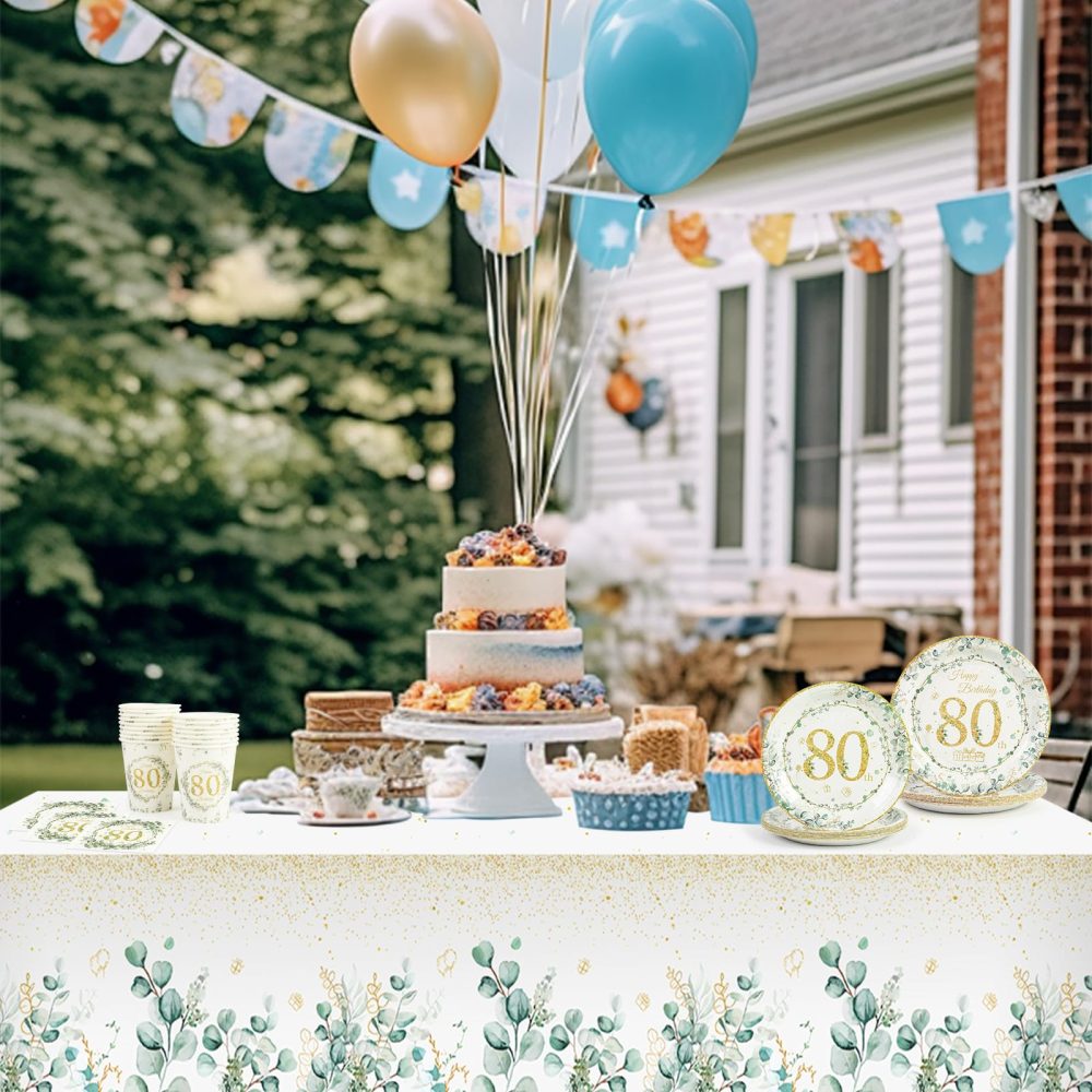 65 pcs Birthday Party Decorations,Paper Plates 7 and 9inch,Napkins Serviettes and Cups Set,Eucalyptus Tablecloth, Happy Birthday Party Tableware Table Decorations (80th) - Image 4