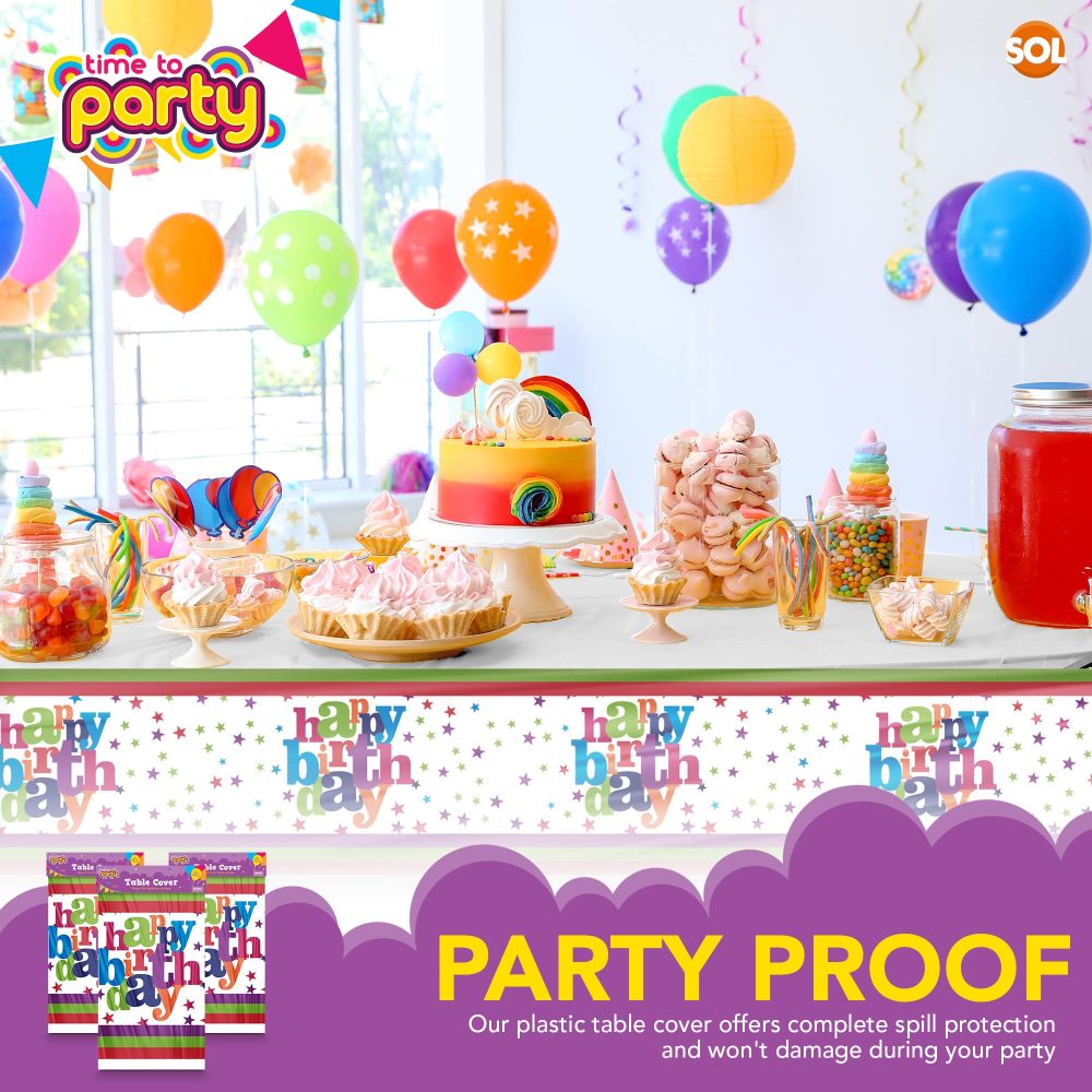 SOL 3pk Happy Birthday Table Cloth | 180 x 108cm | Plastic Table Cloth Party Table Cover | Table Cloths Party Table Cloth Disposable Table Clothes for Parties | Birthday Table Cover Party Sticker - Image 6