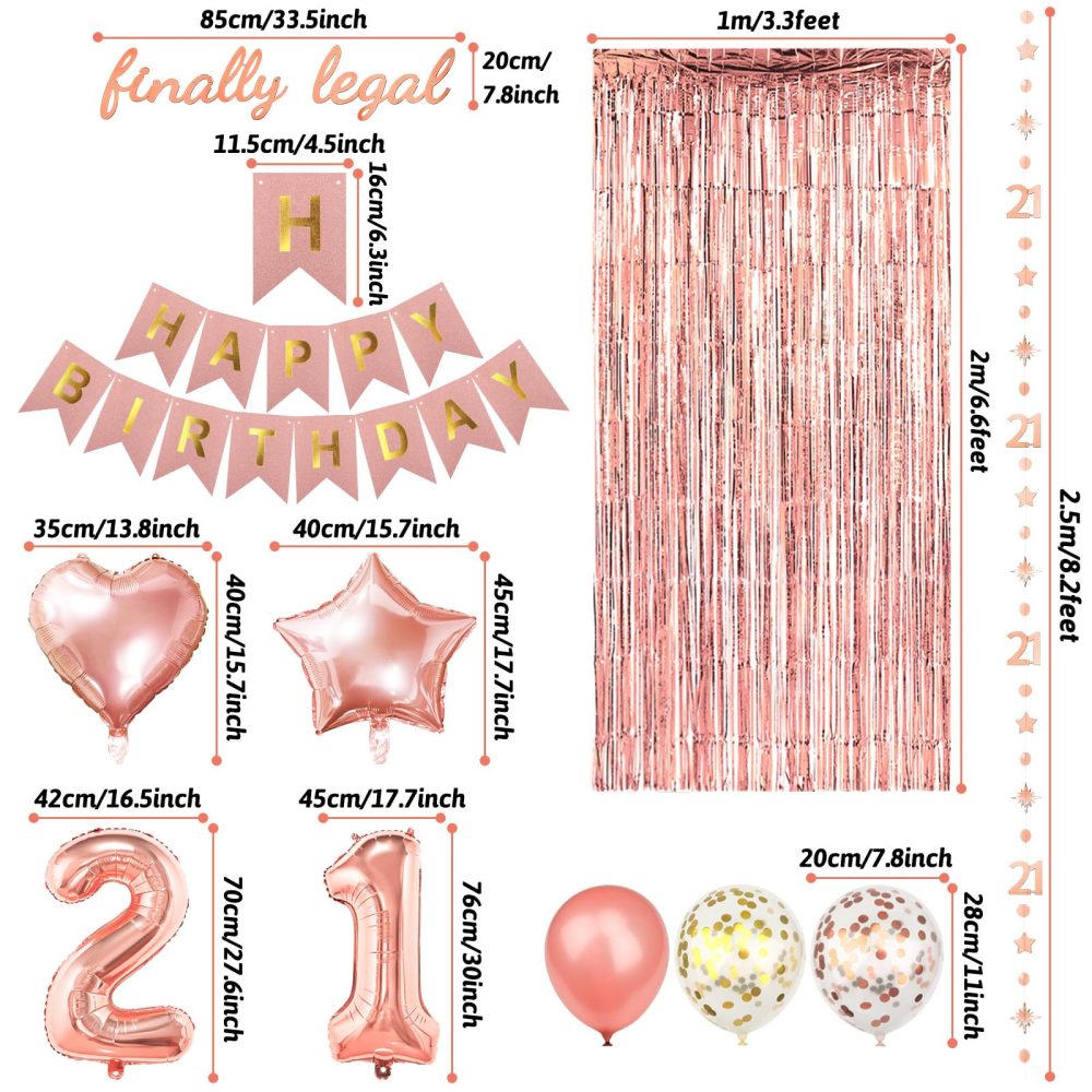 ZERODECO Rose Gold Birthday Party Decorations 21st, Happy Birthday Banner 21st Theme Banner Fringe Curtain 21 Garland Heart Star Foil Confetti Balloons for Women Girls Queen Princess Birthday Party - Image 5