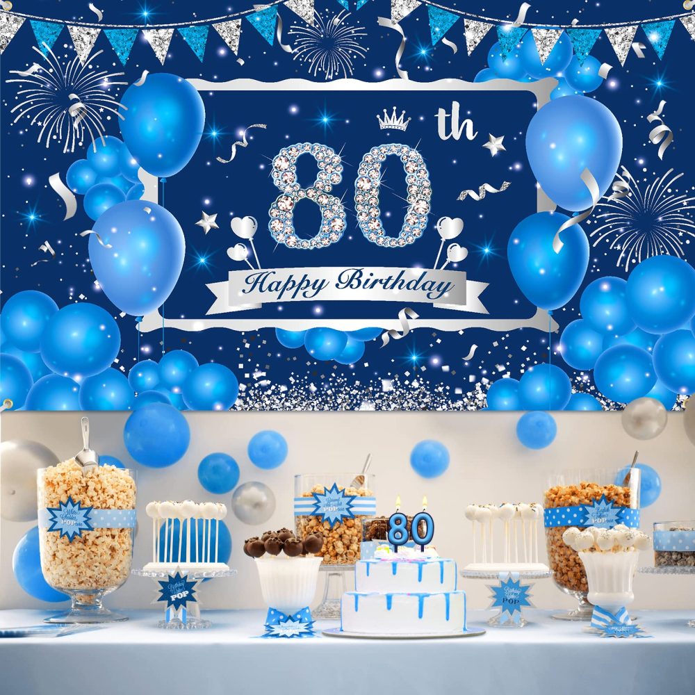 Blue 80th Birthday Decorations Banner for Men Women, Navy Blue Silver Happy 80th Birthday Banner Backdrop, Large Blue 80th Birthday Banner for 80th Birthday Anniversary Party Decorations Supplies - Image 7