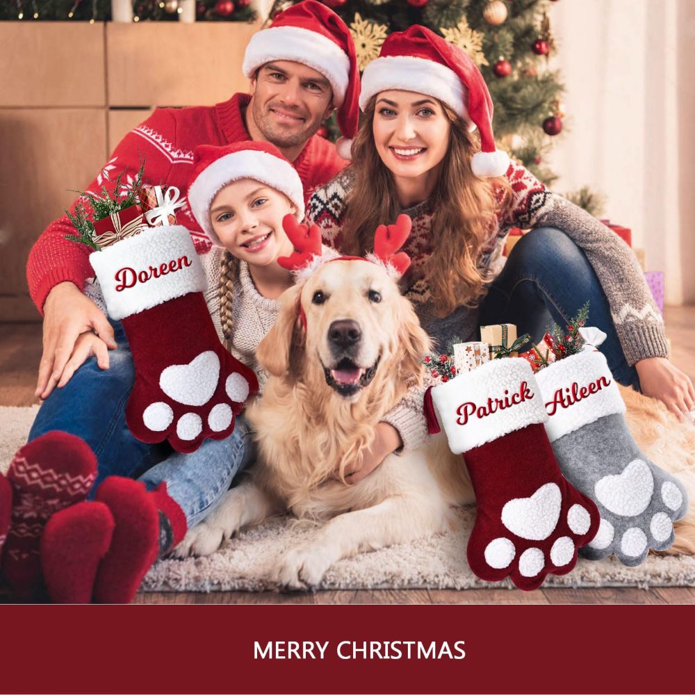 Jodimitty Pet Personalized Christmas Stockings 15"/39cm Large Cloth Christmas Stocking Embroidered Name, Cute Paw Shape Stocking for Family Pet, Christmas Tree Fireplace Decorations - Image 4
