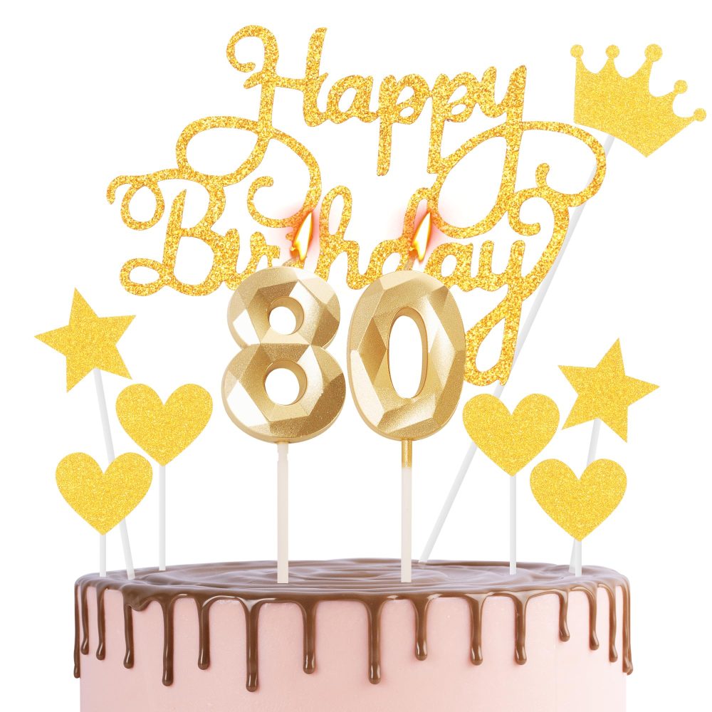 Happy 80th Birthday Cake Topper & Birthday Candles Gold Number 80 Candles for Birthday Cake - 80th Birthday Candles Cake Cupcake Topper Birthday Cake Decorations for Women Men Birthday Gold