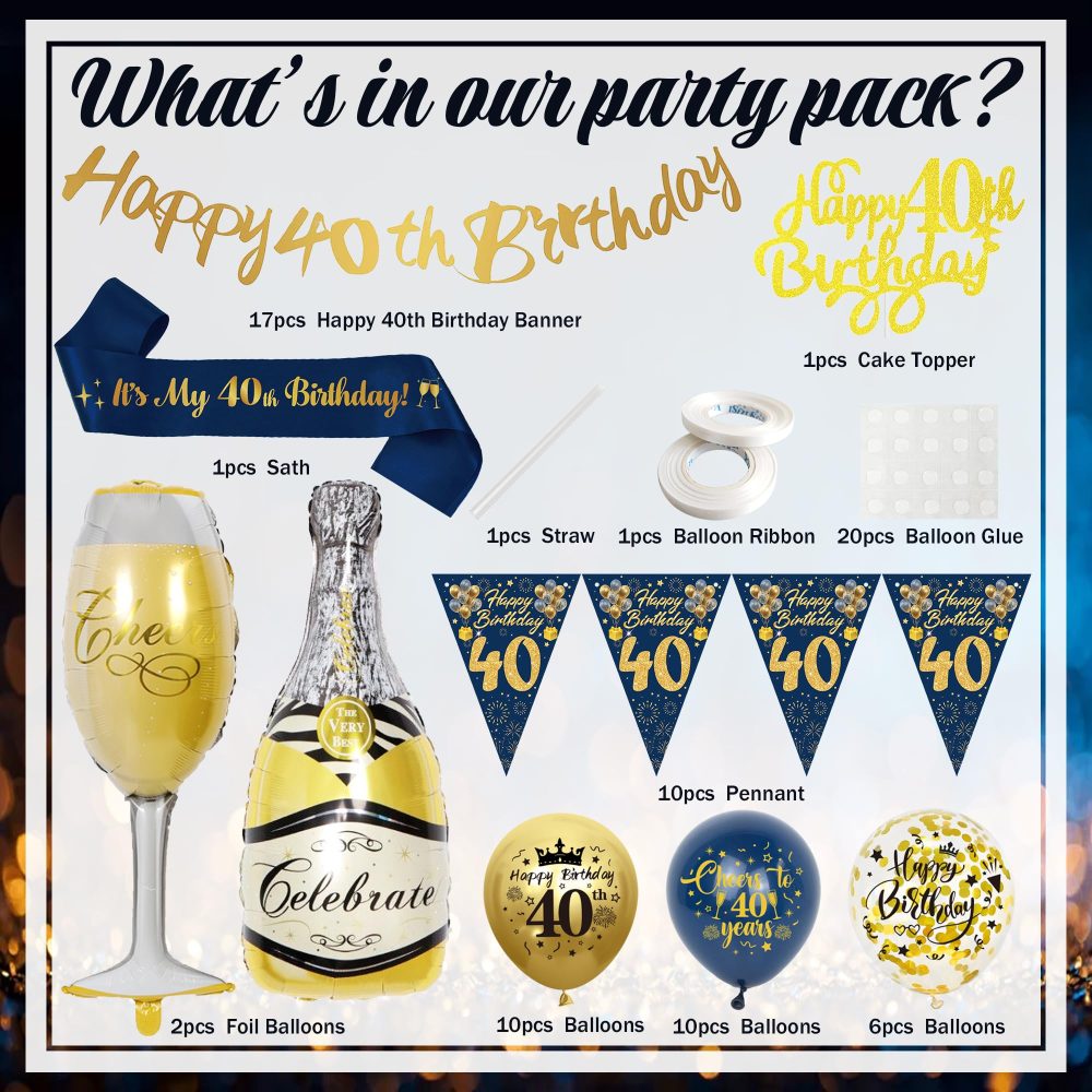 40th Birthday Decoration for Men - Blue Gold Happy 40th Birthday Banners Cake Topper Pennant Latex Balloons Wine Bottle Balloon Sash for 40th Birthday Party Supplies - Image 7