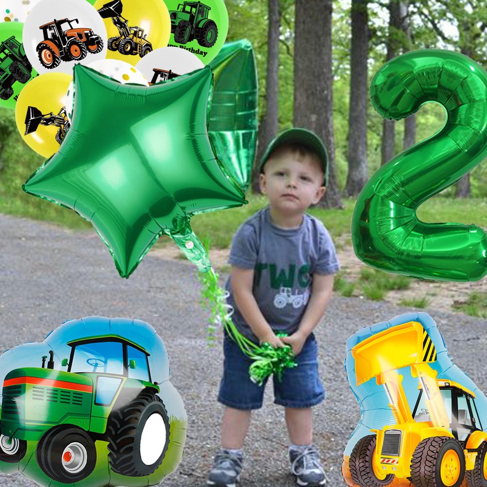 Tractor 2nd Birthday Decorations Boy - Construction Vehicle Themed Party Supplies Includes Happy Birthday Banner Cake Topper Latex Number 2 Stars Tractor Digger Balloons for 2 Year Old Boys Birthday - Image 3