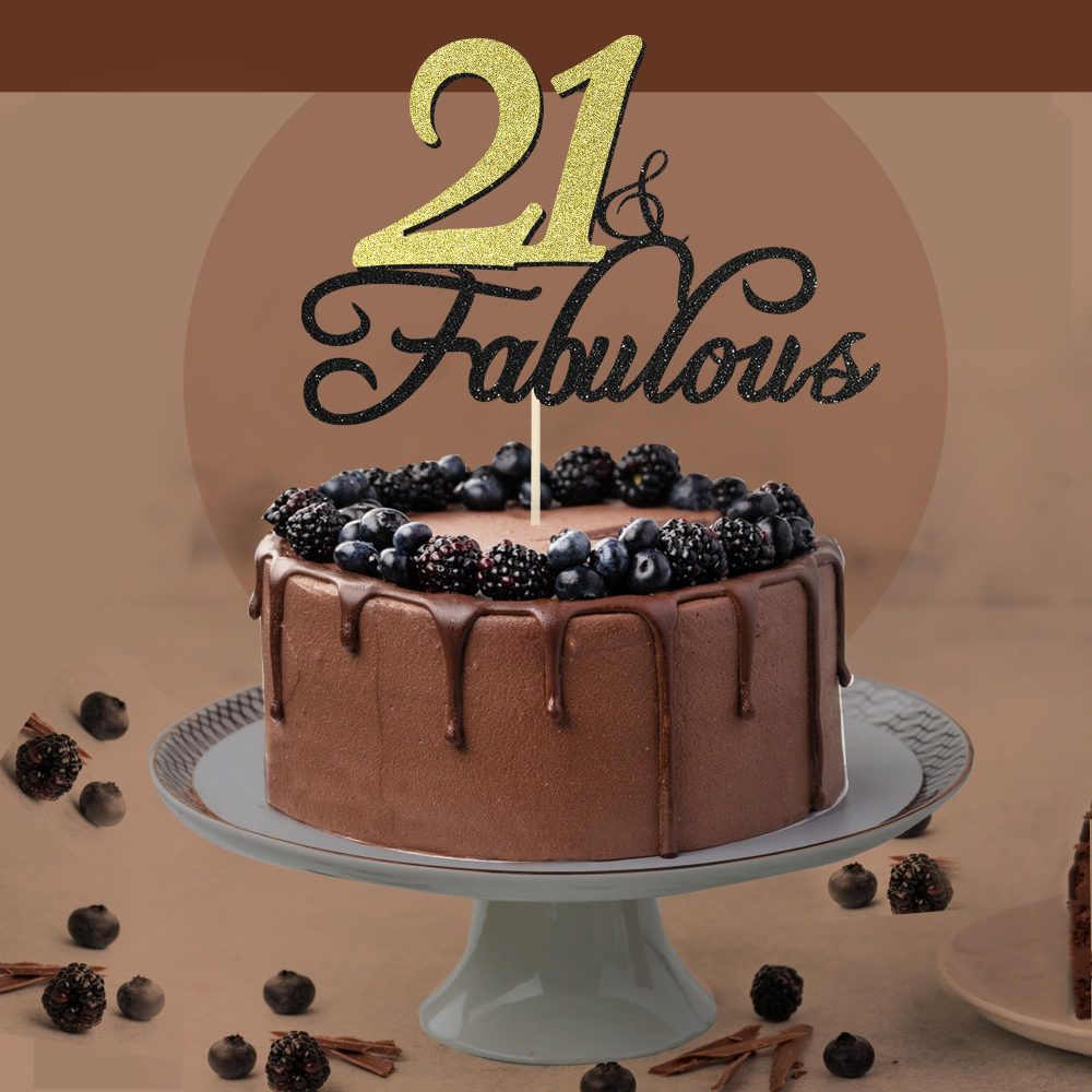 21 & Fabulous Birthday Cake Topper, Siipoo Black Gold Glitter Cake Topper for 21th Happy Birthday Anniversary Party Decoration Supplies - Image 4