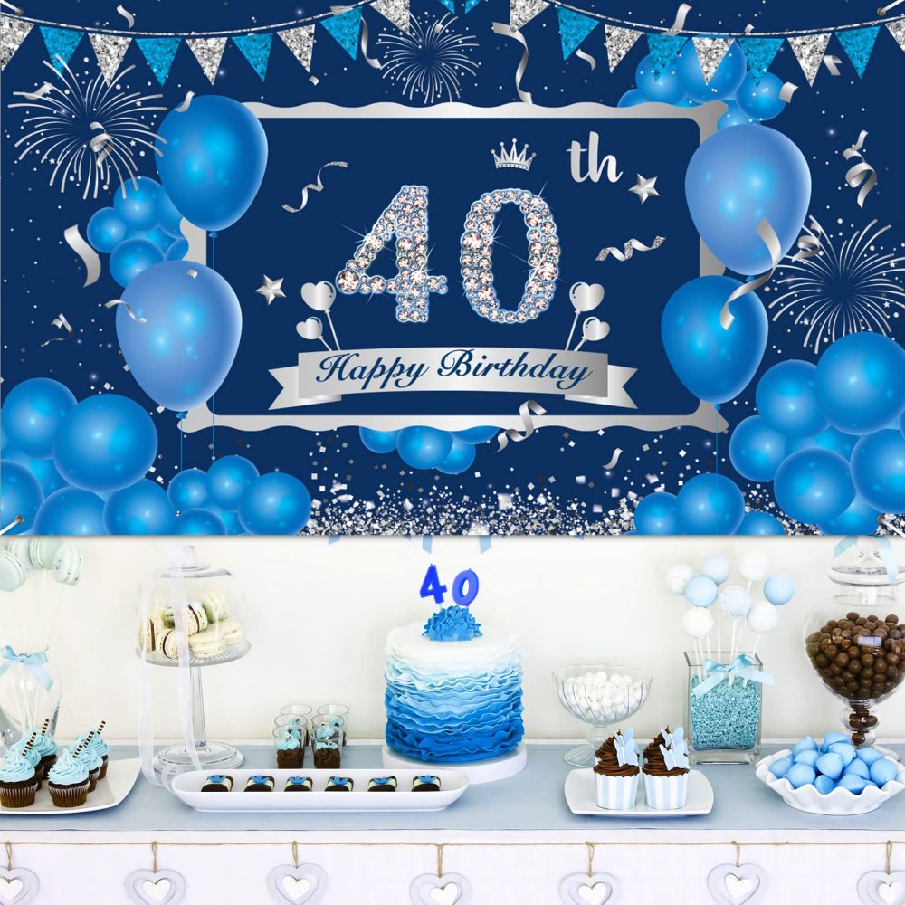 Blue 40th Birthday Decorations Banner for Men, Navy Blue Silver Happy 40th Birthday Banner Backdrop, Large Blue 40th Birthday Banner for 40th Birthday Party Decorations Supplies 72.8 x 43.3Inch - Image 7