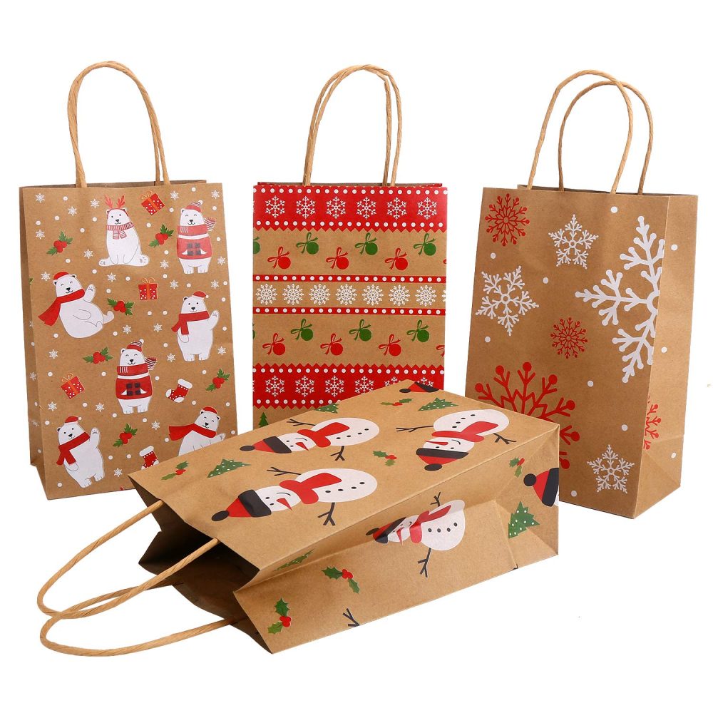 VEYLIN Xmas Kraft Gift Bags, 12 Christmas Paper Present Treat Candy Bags with Handle for Party Supplies (9.1 x 3.5 x 5.9 Inches) - Image 6