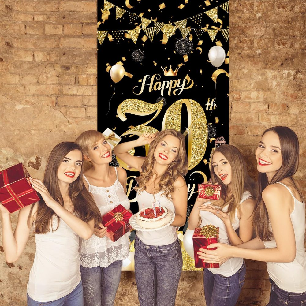 30th Birthday Door Banner,Black Gold 30th Birthday Decorations,Happy 30th Birthday Party Backdrop Banner,30th Birthday Door Hanging Banner for Women Men Birthday Party Photo Booth Supplies(90*185cm) - Image 4