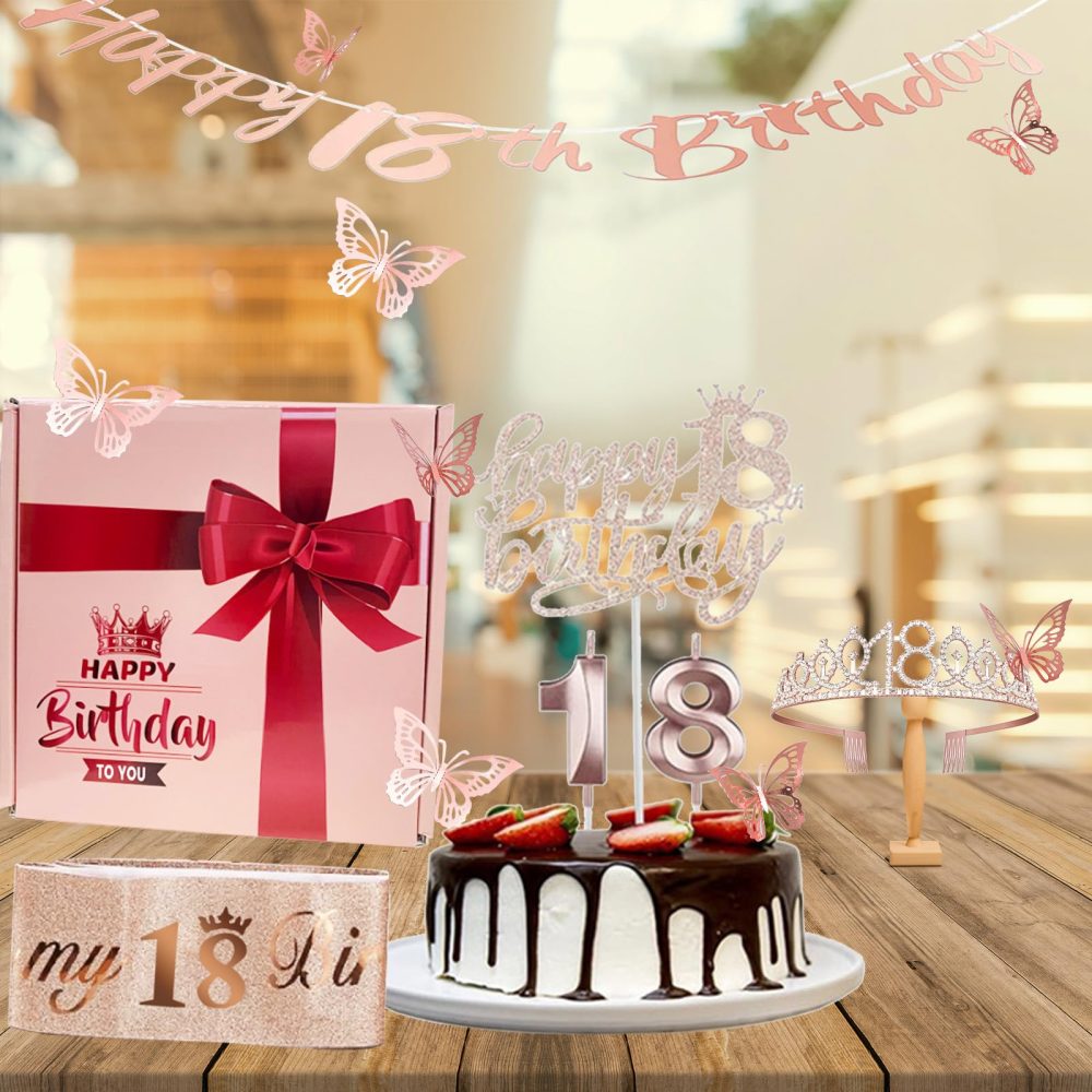 18th Birthday Decorations for Her Sweet Birthday Gifts for Girls Rose Gold 18th Birthday Sash, Tiara, Cake Topper, Number 18 Candles, Happy 18th Birthday Banner, 3D Butterfly 12pcs, Birthday Supplies - Image 3