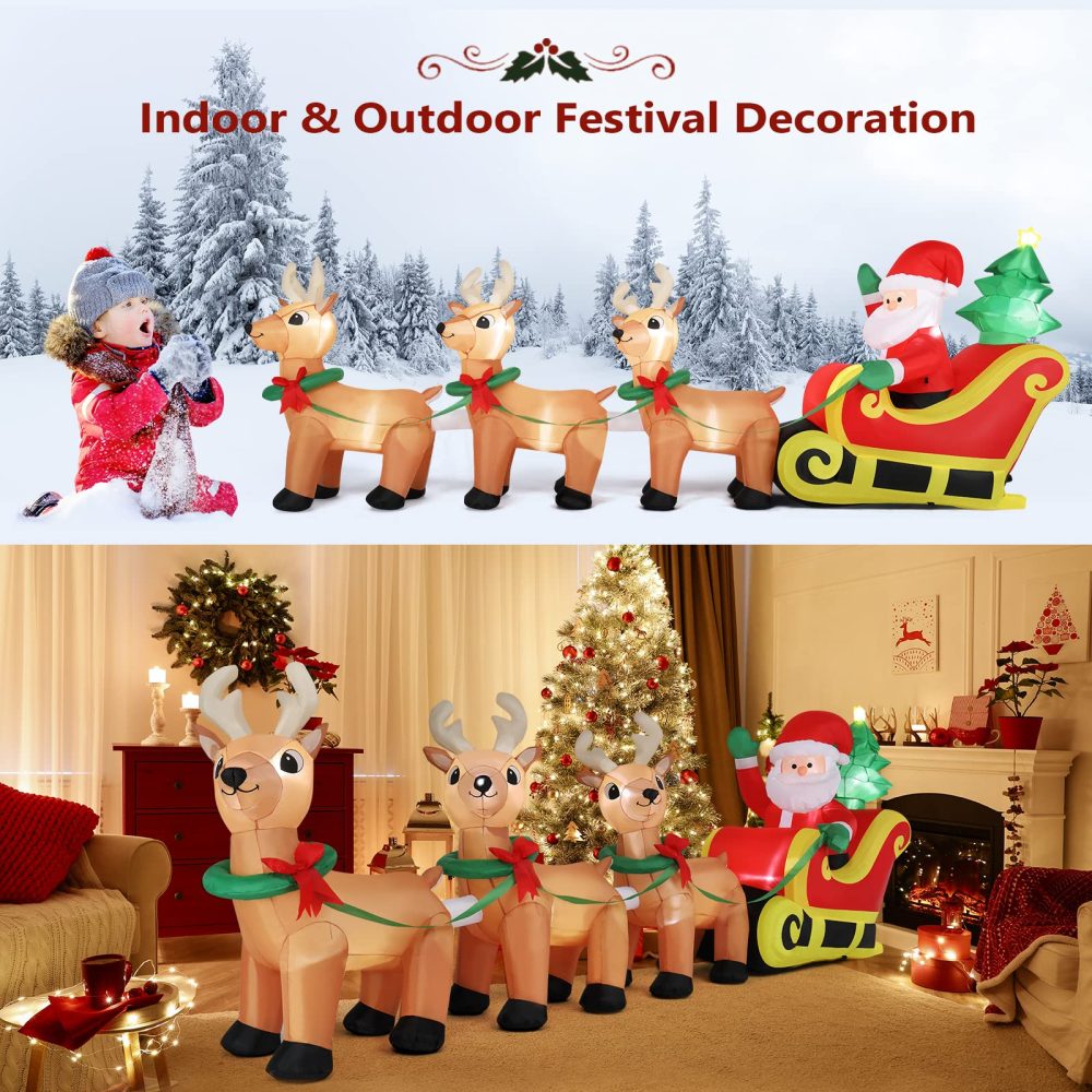 Bonnlo Lighted Inflatable Christmas Decoration, 10ft Long Blow Up Christmas Santa Claus Sleigh & Reindeer Outdoor Decorations with Secure Stakes, Electric Blower Fan for Indoor Outdoor Yard Decor - Image 4
