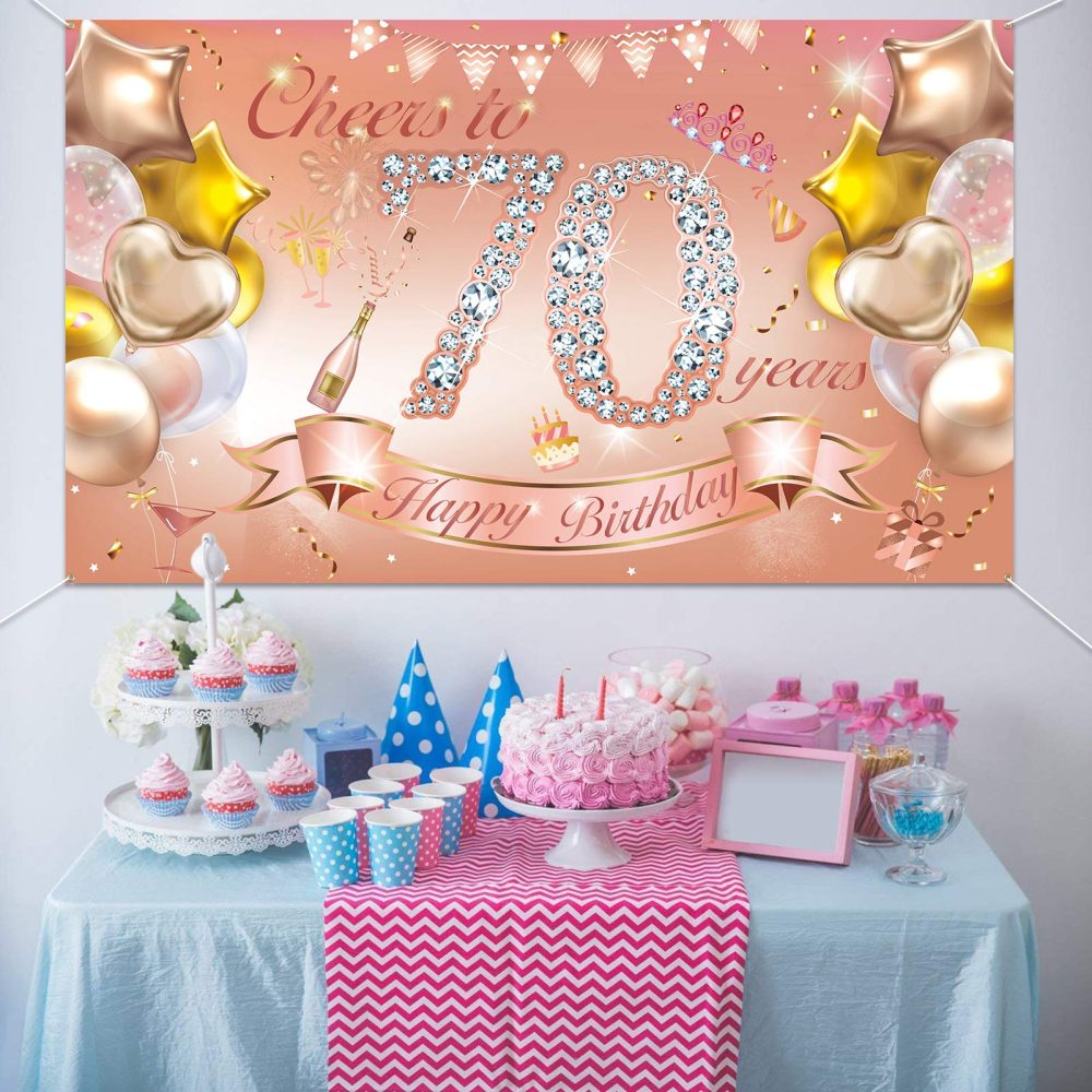 HOWAF Woman 70th Birthday Party Decoration Rose Gold, Fabric Banner for 70th Birthday Photo Backdrop Photography Background, 70th Birthday Outdoor Garden Table Wall Decoration Supplies - Image 2