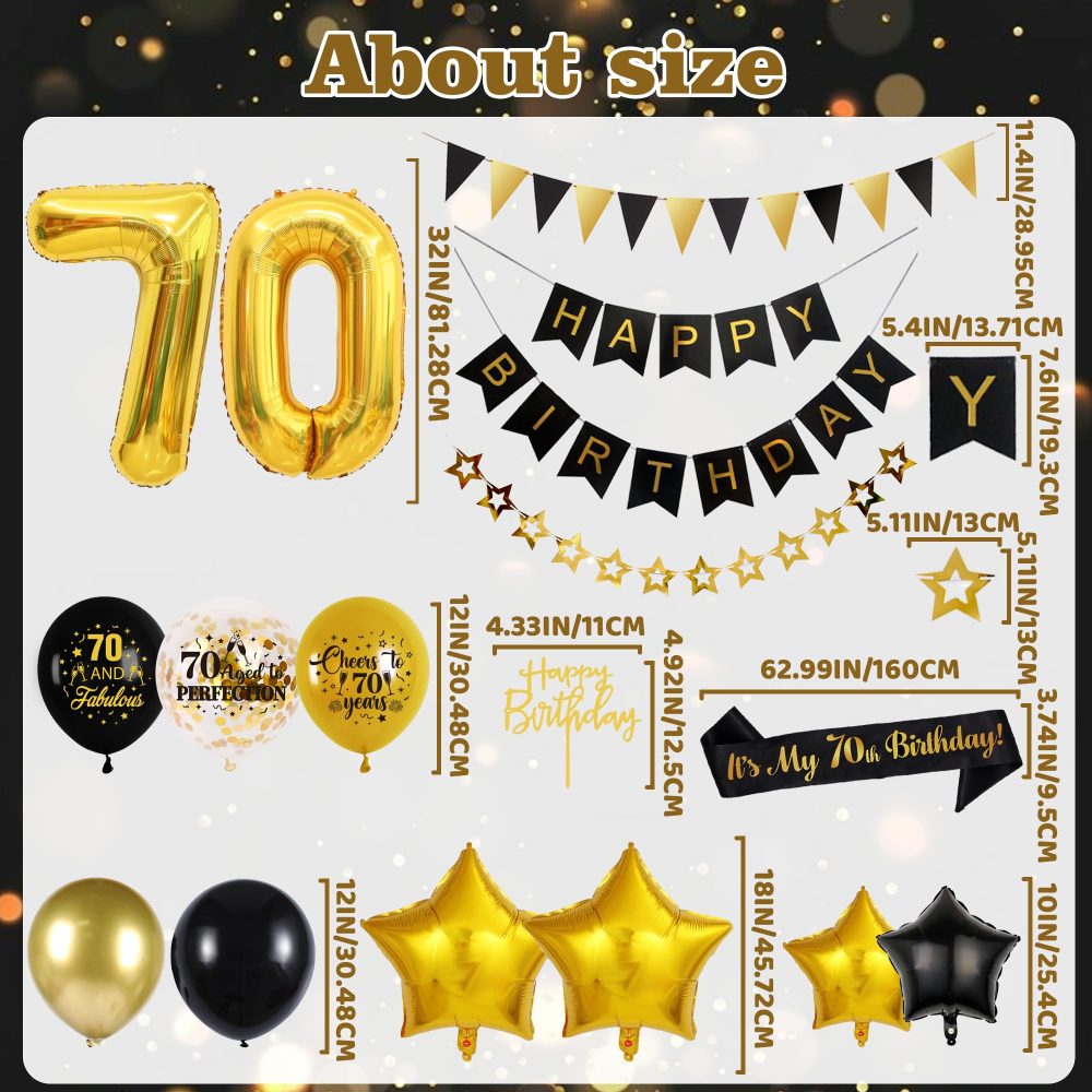 70th Birthday Decoration Set, Black Gold 70th Party Decorations Includes Pull Flower, Banner, Latex Balloons, Foil Balloons, Cake Topper, Pennant, Black and Gold Theme Suitable for 70th Party - Image 6