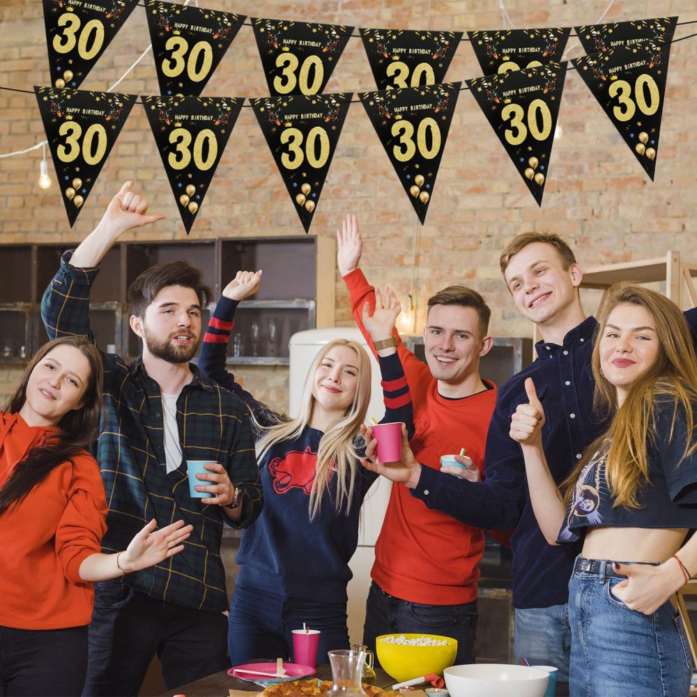Happy 30th Birthday Banner Black Happy Birthday Banner Black Gold Party Decorations Bunting Flags Anniversary Party Supplies Decoration 30th Birthday Triangle Flag Banners for Men Women A8HJSJLQ (30) - Image 4