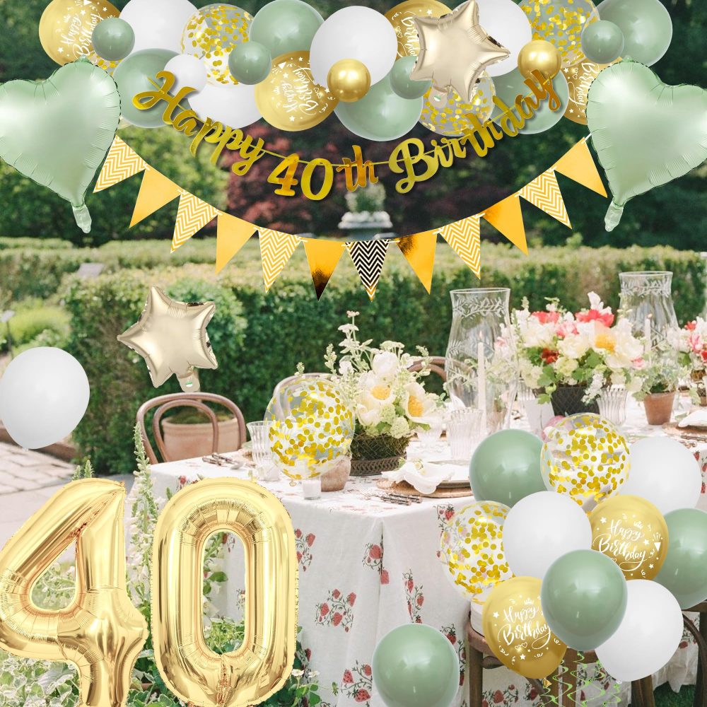 40th Birthday Decorations Women Men - Green Gold Birthday Party Decoration Balloons Set With Banners Paper Pom Confetti Latex Balloon Happy 40th Birthday Cake Toppers for 40 Years Birthday Supplies - Image 4