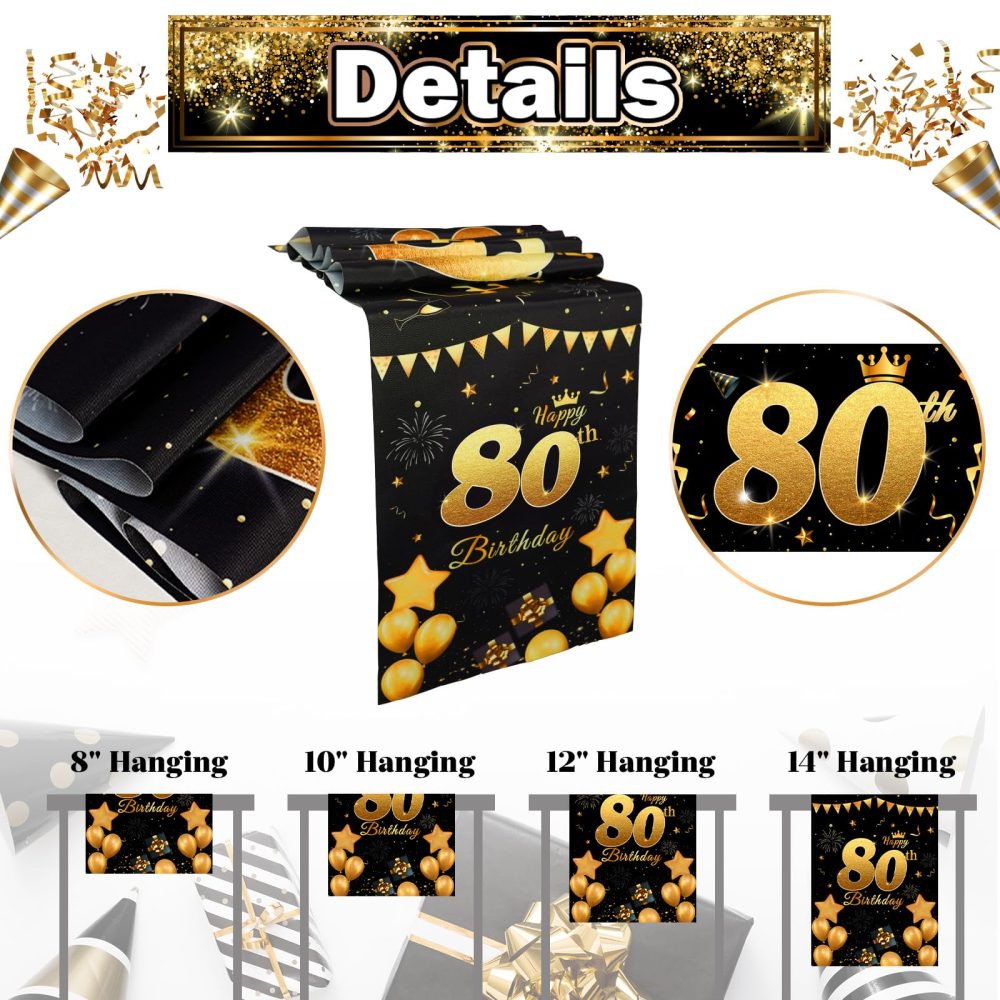 80th Birthday Table Runner Black Gold Happy 80th Birthday Table Runner for Men Women 80 Years Old Birthday Anniversary Celebration Party Non-Slip Dining Table Linen Cloth Decorations, 180x35cm Long - Image 6
