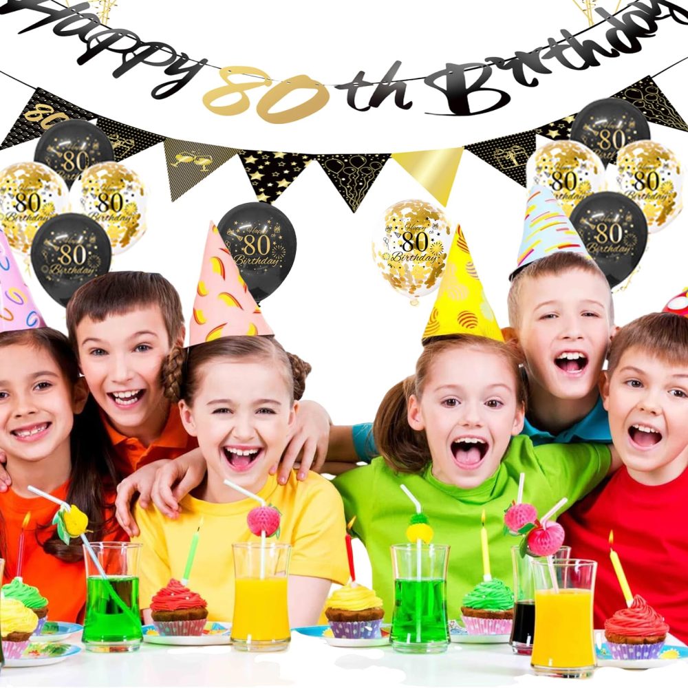 Black Gold 80th Birthday Decorations for Men Women,12pcs 80th Birthday Decor Kit Happy 80th Birthday Bunting Banner Triangle Flag 80th Birthday Balloons for Him Her 80th Birthday Party Decorations - Image 3