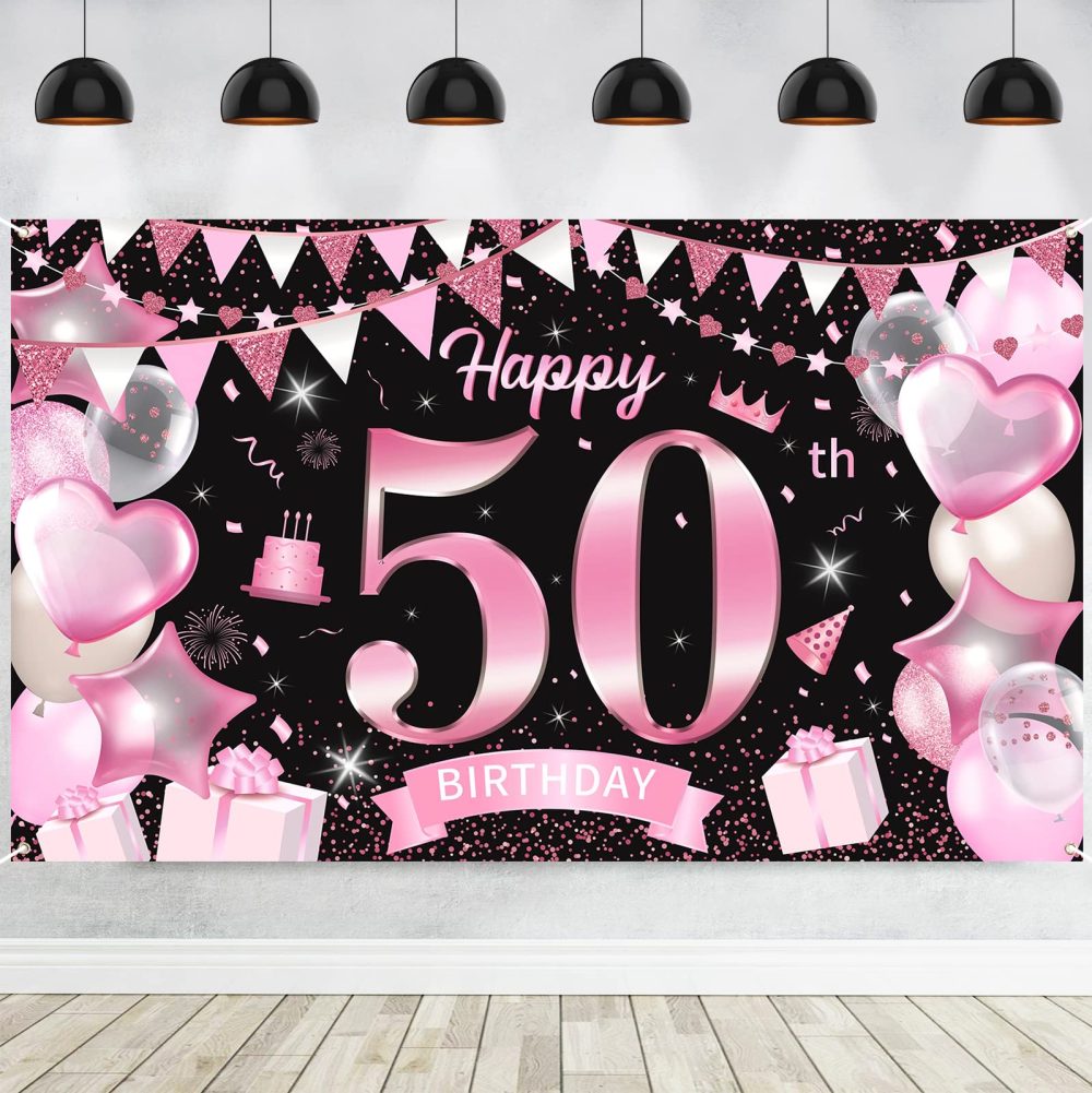 50th Birthday Decorations for Women, Large Happy 50th Birthday Banners Backdrop for Her, Black Pink 50th Birthday Party Background Banner Poster for Outdoor Home Garden Wall Photography Decor Supplies