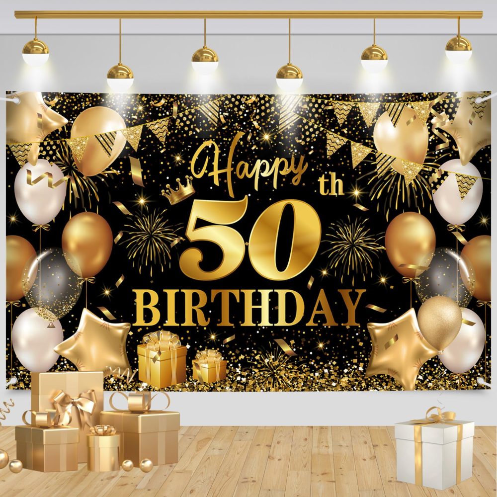 Zercart 50th Birthday Banner, Black and Gold Happy 50th Birthday Backdrop Banner,50th Birthday Party Decorations Banner for Men Women Birthday Anniversary Party Supplies (180x110cm)