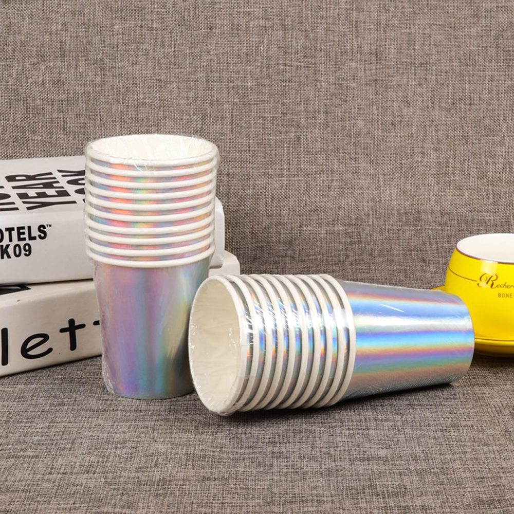 Iridescent Paper Cups 9 oz [50pack] Disposable Coffee Cups Hot Cold Drinks Tea Milk Juice Chocolate Silver White Cup Holographic Rainbow Party Decorations Picnic Home Birthday Anniversary Christmas - Image 3