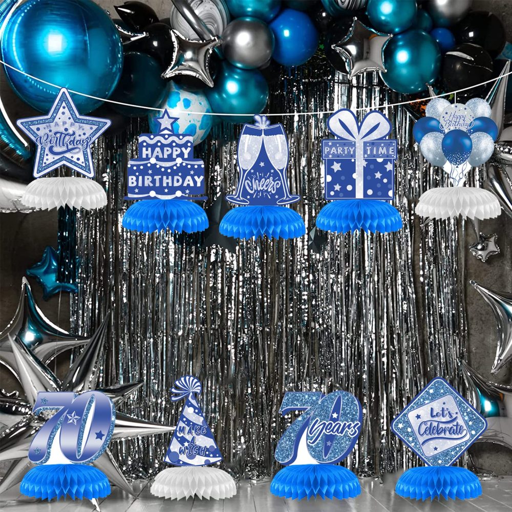 9Pcs 70th Birthday Party Honeycomb Centerpieces, Blue Silver 70 Years Old Birthday Party Decoration Party Supplies Table Centerpieces Table Toppers Decor Sign - Image 3