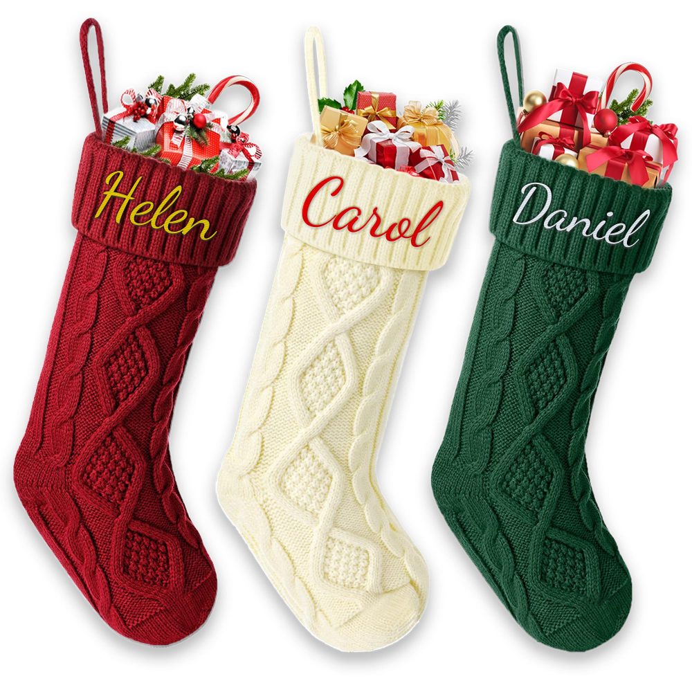 Udiyfun Personalised Christmas Stockings, Custom Family Christmas Stocking with Embroidered Name, 46CM Large, Customised Knitted Xmas Stockings, Christmas Hanging Decor, Gifts for Family 1 Pcs