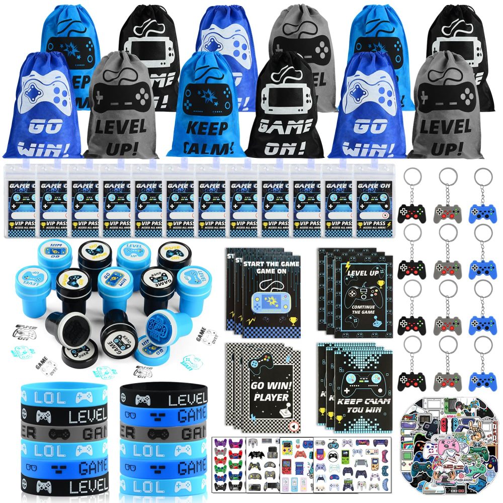 126 PCS Video Game Party Bag Fillers, Gaming Party Favours with VIP Pass Lanyards Silicone Bracelet Keychain and Stampers, Birthday Party Bags Fillers for Kids Gamer Party Supplies Goodie Bag Fillers