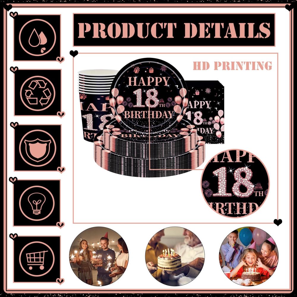 16Pcs Black Rose Gold 18th Birthday Paper Plates 9",Birthday Tableware Party Plate Disposable,Happy 18th Birthday Table Decorations Plates Birthday Gifts for Girls,Her 18th Birthday Party Supplies - Image 2