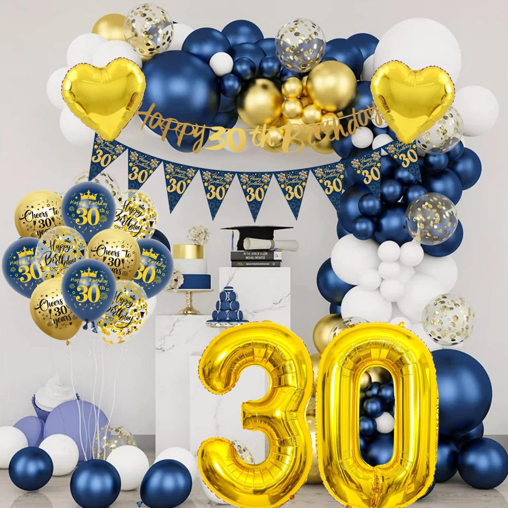 30th Birthday Decorations for Men - Blue and Gold 30th Birthday Banners Pennant Cake Topper Latex Balloon Number Balloon Heart Foil Balloon Suitable for 30th Birthday Party Supplies - Image 2