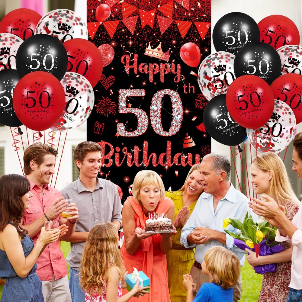 Red 50th Birthday Decorations for Women Men, Red Black Happy Birthday Party Door Banner Cover 18PCS 50th Red Birthday Balloons Supplies for 50 Years Old Birthday Anniversary Party Backdrop Decor - Image 7