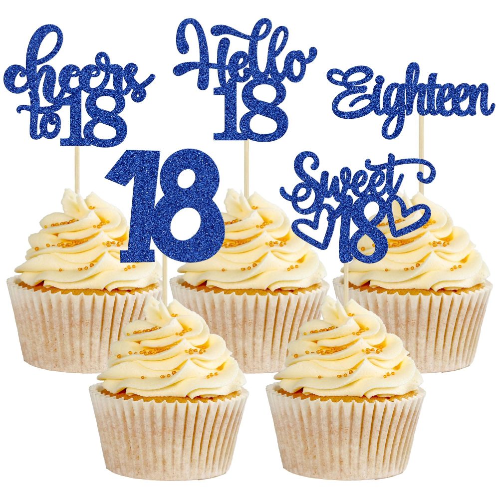 30Pcs18th Birthday Cupcake Toppers Eighteen Happy 18th Cupcake Picks Sweet 18 Cheers to 18 Cake Decorations for 18th Birthday Anniversary Party Supplies Deep Blue Glitter