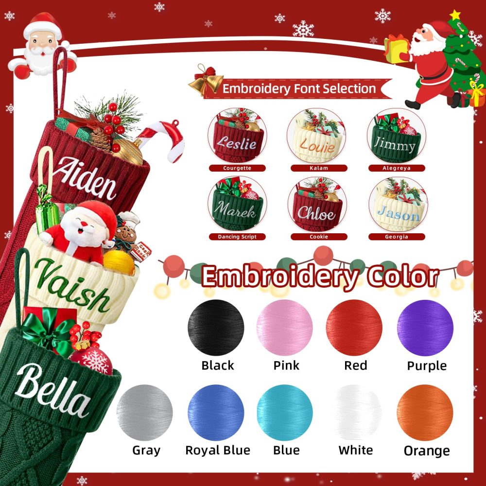BEXOA Personalised Christmas Stockings - 18” Large Knitted Embroidered Custom Names Christmas Stockings, Xmas Stocking for Kids Family Fireplace Christmas Holiday Party Decoration (1, Embroidered) - Image 3