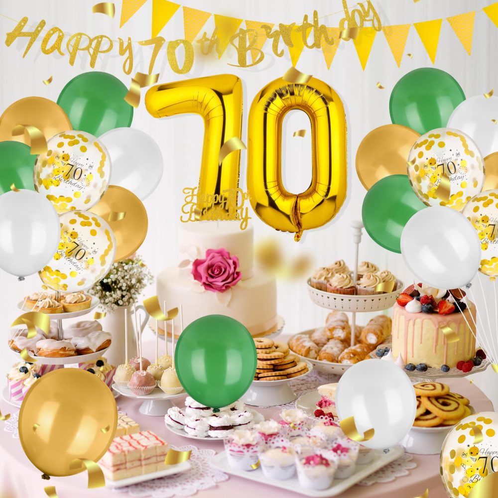 GSrenyu 70th birthday decorations, Gold and Green Birthday Party Decorations Set With Happy 70th Birthday Banner, Number 70 Balloon Triangle Flag Latex Balloons Confetti Cake Topper for Men Women 70th - Image 5