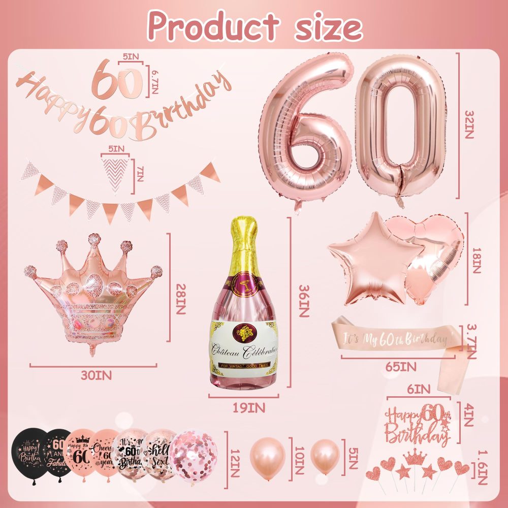 60th Birthday Decorations for Women - Rose Gold Balloons - 60th Rose Gold Birthday Decorations, Banner, Cake Topper, Cupcake Topper - Birthday Party Supplies Kit - Image 6