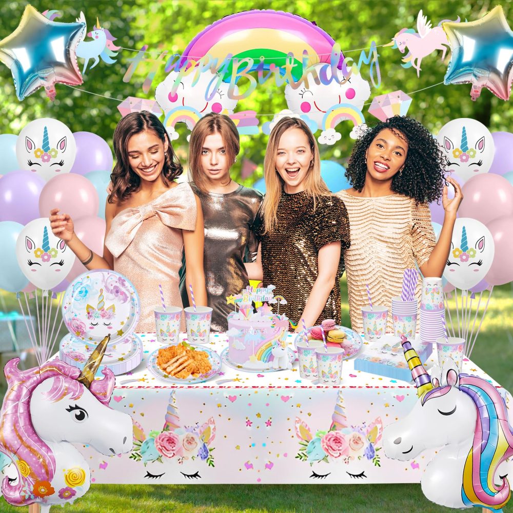 YIMAKJ Unicorn Party Tableware Set, Unicorn Birthday Decoration Set, Unicorn Party Decorations For Girls With Balloons, Tablecloths, Banner, Cake Deco, Party Plates Cups And Napkins(16 Guests) - Image 2