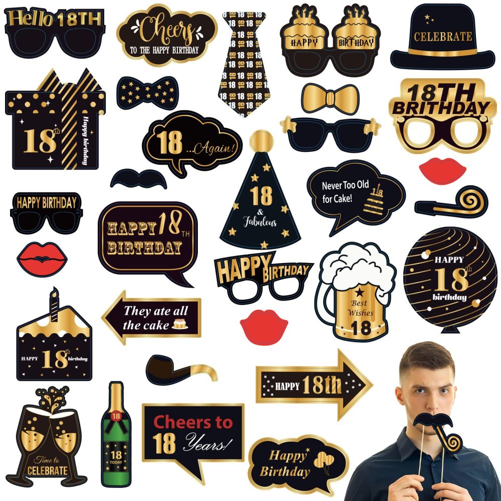 18th Birthday Photo Booth Props Kit,32PCS Black Gold Photobooth Props,18th Party Props Birthday Party Selfie Props Kit with Sticks for Boys,Him,Happy 18th Birthday Party Decorations Supplies Favors