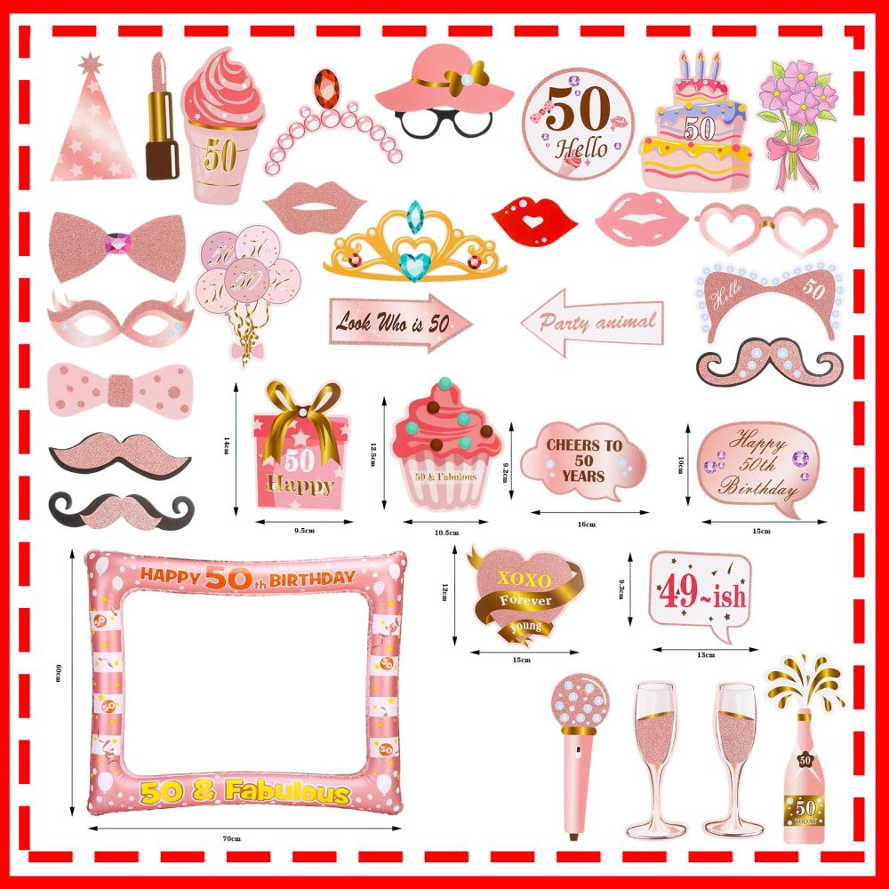 50th Birthday Photo Booth Frame and Inflatable Selfie Frame, 35 Pcs Birthday Decorations for Men Women Girls, 50th Birthday Pink Photo Booth Props, 50th Birthday Party Supplies Decor - Image 5