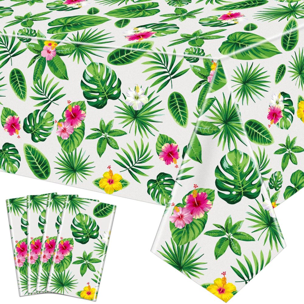 4 Pack Hawaiian Luau Tablecloths Tropical Palm Leaves Table Cloth Hawaii Disposable Plastic Rectangular Table Covers Aloha Summer Beach Pool Kids Birthday Tablecloth Cocktail Party Supplies 86 x 51 IN