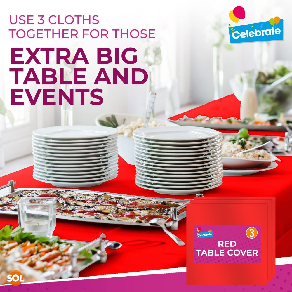 3pk Red Table Cover | 121 x 121cm Red Table Cloth Party Disposable | Red Plastic Table Cloth Party | Red Disposable Table Cloth Red Table Cloths Party Red Tablecloths | Red Cloth Red Tablecloth - Image 3
