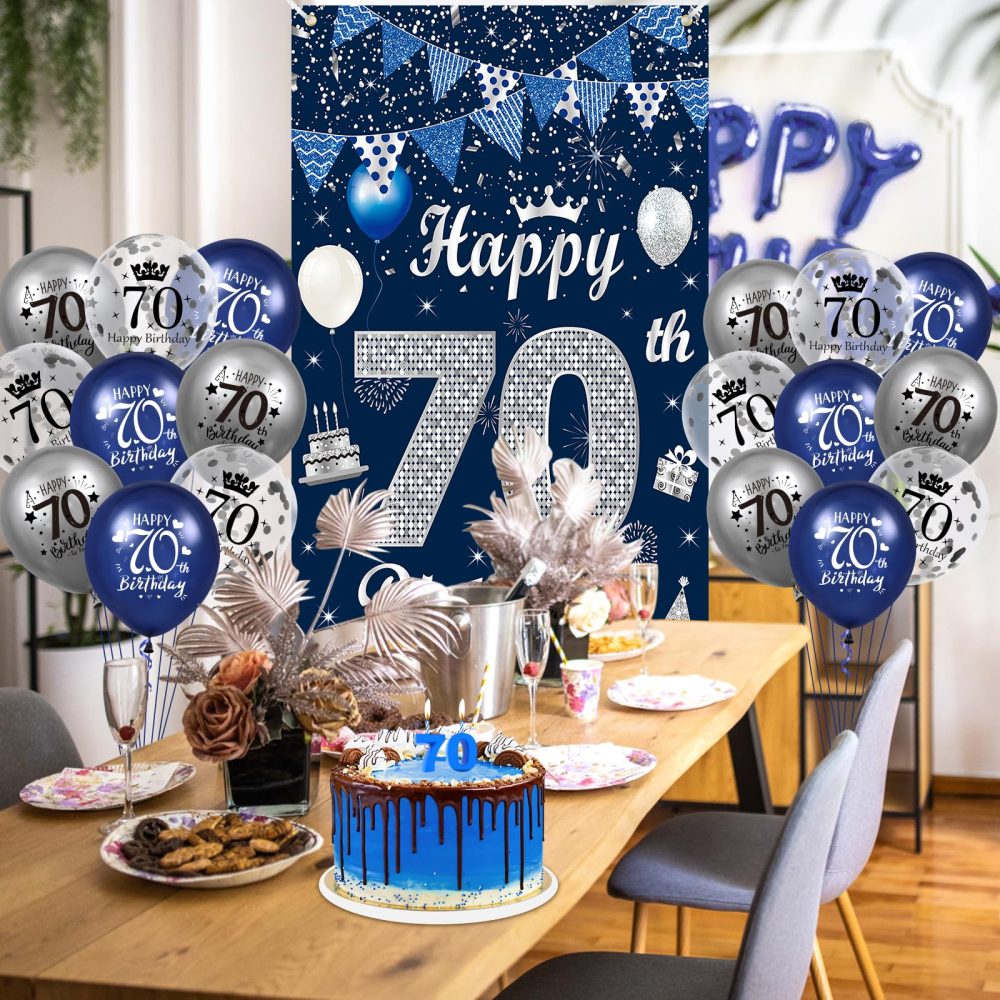 RUMIA Blue 70th Birthday Decorations for Men Navy Blue Silver Happy 70th Birthday Door Banner Cover and 18Pcs Blue Silver 70th Birthday Balloons for Men Women 70th Birthday Party Decor - Image 7
