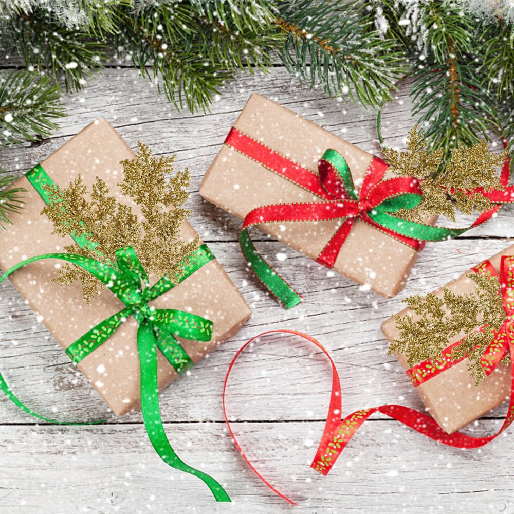 VEYLIN 10 Pcs Artificial Christmas Leaves Picks, Gold Glitter Branches for Xmas Tree Wreath Festival Decoration - Image 4